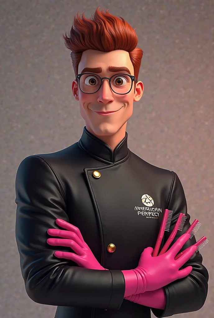 Young bald man physiotherapist in disney pixar style, happy, in a navy blue coat, in his modern clinic, with a large window in the background, high quality, best quality