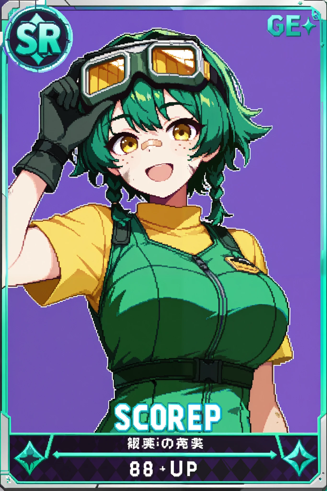 score_9, score_8_up, score_7_up, source_anime, 1girl, solo, pixel art, playingcard, elite rank icon, E, trading card, card_(medium), RPG stats, tomboy BREAK
Green hair, short hair, twinbraids, yellow eyes, large breasts, freckles, bandaid on nose, dirty face BREAK
Green vest, bangs, yellow shirt, short sleeves, black gloves, goggles on head BREAK
Looking at viewer, happy face, open mouth, upper body, portrait, simple background, purple background, standing, looking at viewer