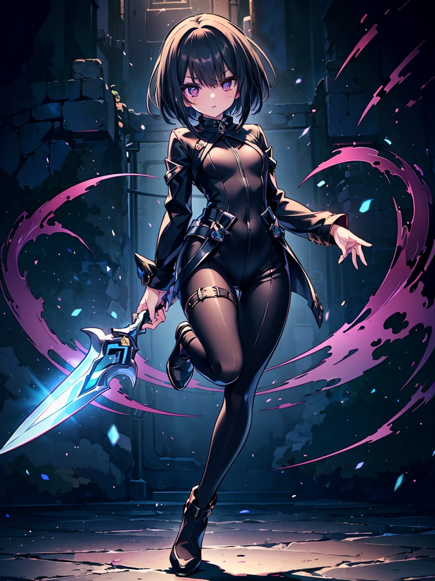 (((masterpiece, best quality, high detailed, 16k))) (1girl) A mysterious rogue with short, jet-black hair and striking violet eyes. She is dressed in a sleek, dark leather outfit that allows for swift movement, with hidden daggers strapped to her legs. Her expression is cold and calculating, and she holds a shadowy blade that seems to absorb light. ((full body view))