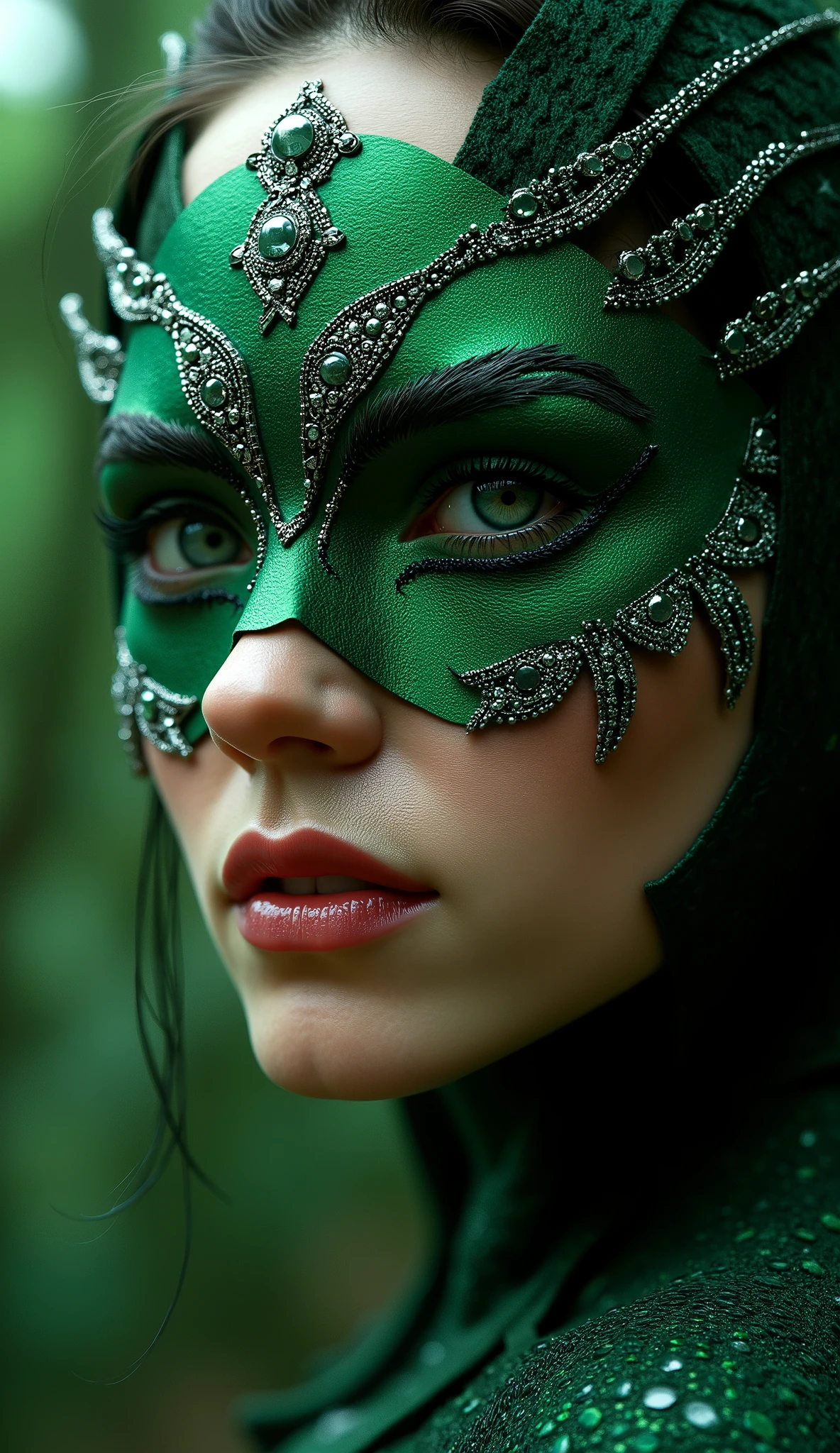Hyper-realistic photographic style. as jade . close-up do rosto. Extremely realistic green mask and silver details. flawless skin texture. fundo: dense forest, Greg Rutkowski style . dramatic lighting. 8k. 8k, rendered on Unreal Engine 5, realistic background, Ultra-detailed Textures , cinematic lighting