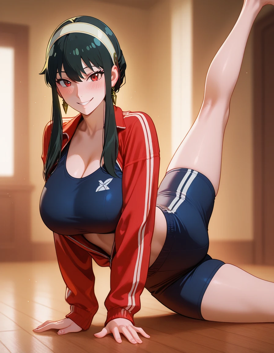 Woman, Athletic and toned body, light skin tone, long black hair tied in a ponytail, green eyes with a penetrating and seductive look, breasts big, exciting look, white and red bear pajamas, short shorts and a top showing off a defined tummy, lying on the court floor