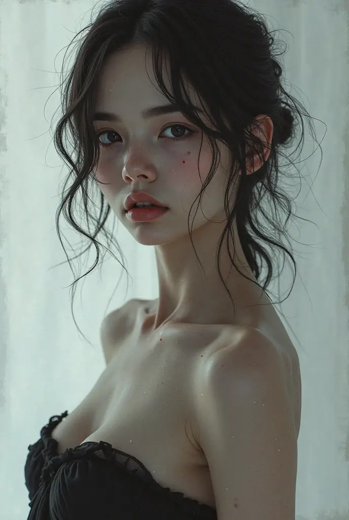 (((Masterpiece))), (((portrait))), Kujou Sara, diffused light, dynamic shadows, sharp focus, realistic, detailed, highres, absurdres, white background, no bra, photorealistic, lifelike, wet, mascara, blushing, sleeveless, youthful appearance, pee stain, white panties, (((nudist))), (((swept bangs))), (((side braided ponytails))), (((lips apart))), (((side))),