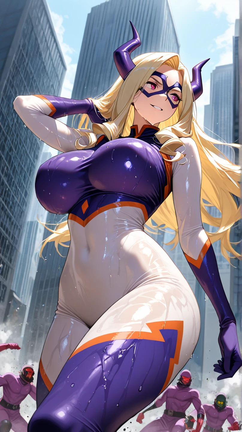 anime artwork, score_9, score_8_up, score_7_up, score_6_up, score_5_up, score_4_up, Mount Lady, blonde hair, purple eyes, big breasts, she is 24 years old, style_3, outdoors,