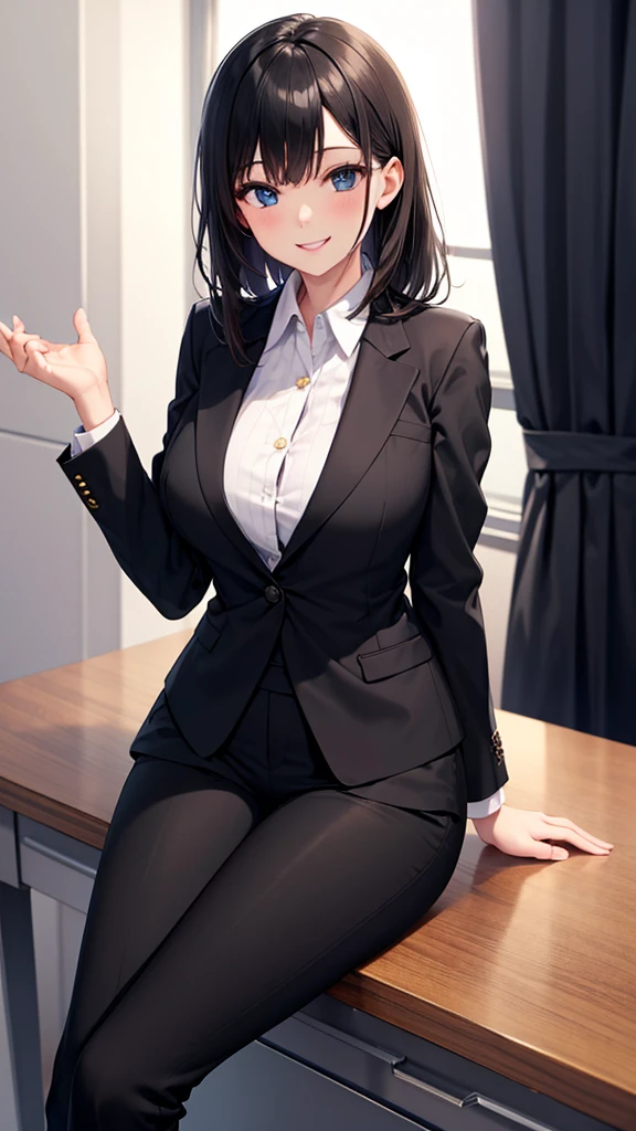 1girl, black hair, tight female office suit, bob cut, devious smile, licking finger, bigass, marked breasts, sitting on a table, high resolution, hd graphics, highest quality, beautiful anime, beautifully drawn eyes, skirt. pov from below, lifiting skirt.