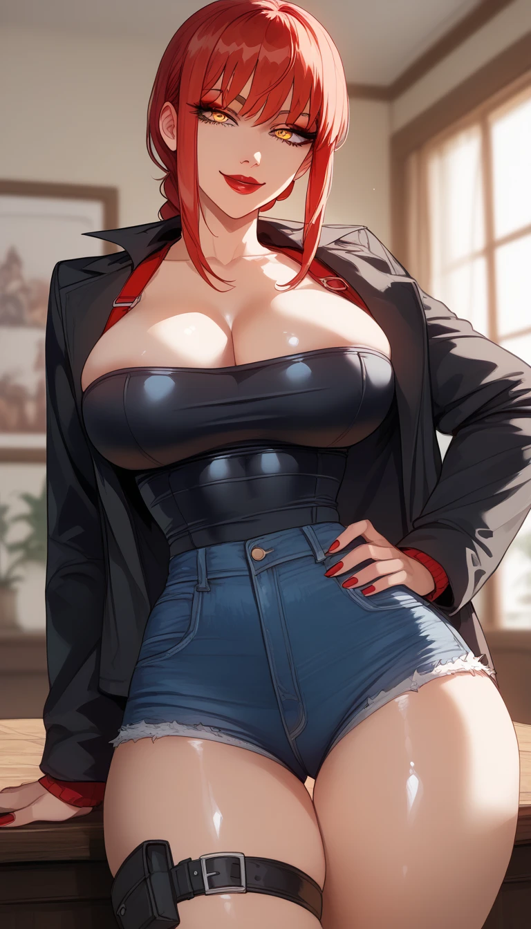 Masterpiece, stunning realistic, best quality, Sharpness, 1 girl, big ,red hair,straight hair,bobcut,red eyes,standing in a beatiful garden with an sea,big ,blush in face,red face, cute smile,closed mouth,arms behind back,open college jacket,cute bra,cargopants