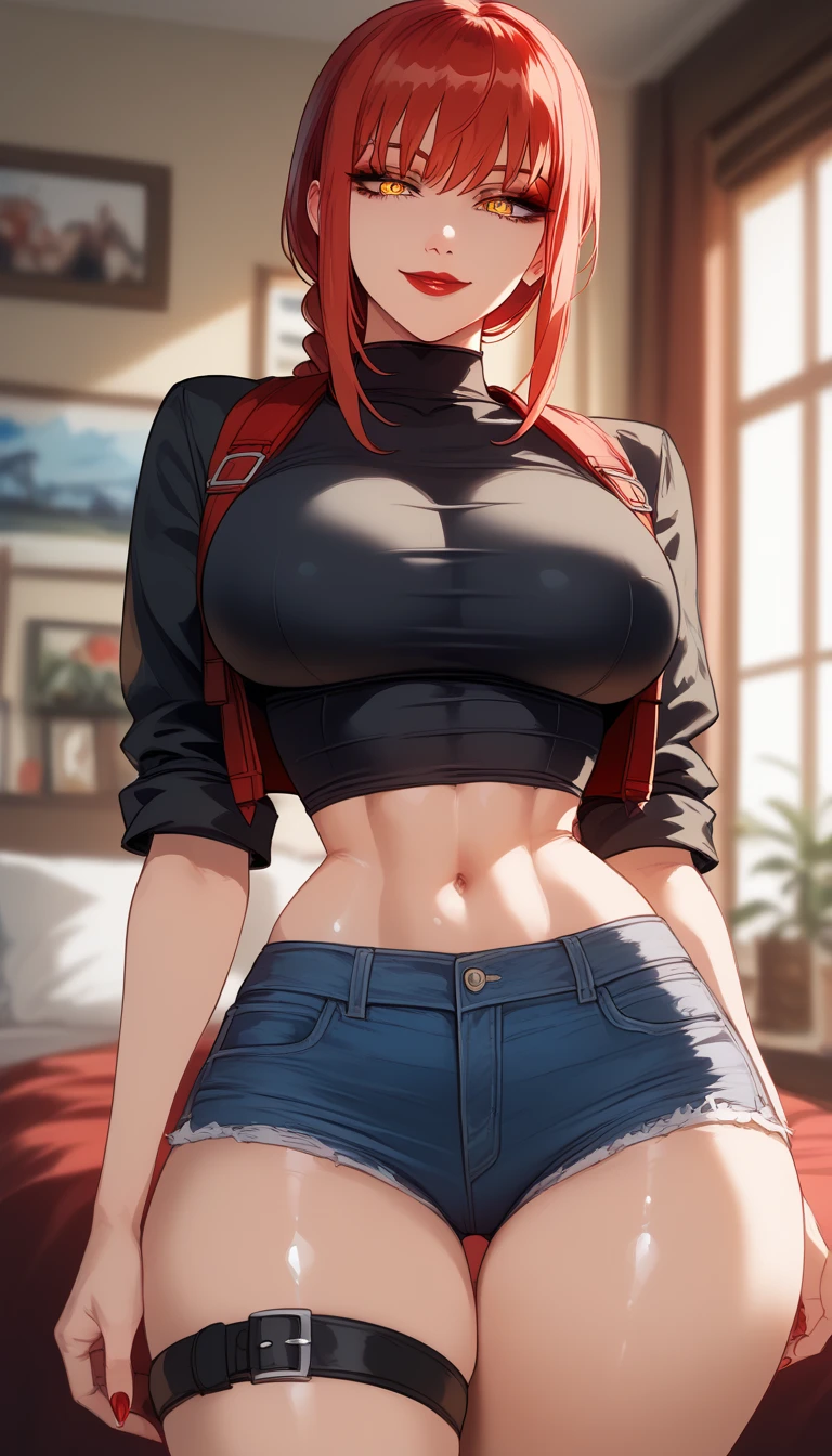 Medium and round breasts, she is an adult woman ((she is beautiful and cute)), (long red hair, beautiful earrings, cute scarf in her hair), double eyelids, greenish eyes, clear and detailed, hyper detailed, light effect in the eyes, detailed iris, sensual body, ((beautiful strap blouse, short and tight shorts, delicate and elegant jeans with beautiful details, beautiful and cool)), ((masterpiece, hyper realistic, hyper detailed, best quality, 16k , light and shadow on the skin, bright colors)), eyeliner, thin eyebrows, sensual expression, perfect lips, innocent and sexy face, ((skin with light and shadow), beautifully seductive and embarrassed woman, passionate expression, passionate smile (( she is a beautiful woman with a beautiful body)), flirting with the viewer, beautiful, charming, ((in the bedroom)), (body tilt) ((elegant sensual pose: 1.3))