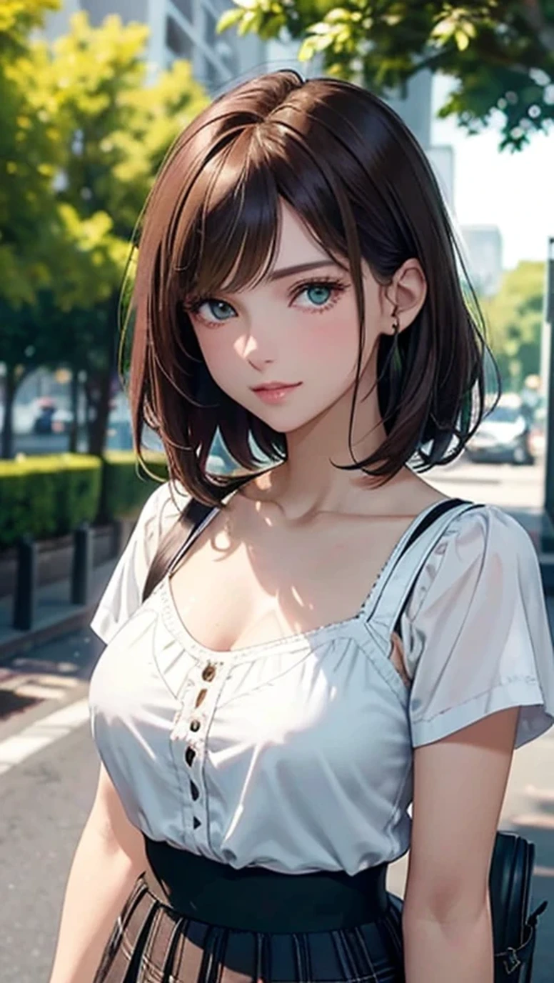 girl in summer clothes, casual skirt, making as if she wants to kiss you, (girl bending down looking at camera), medium breasts, random hair color, cleavage, random background, flirtatious look, ((very detailed)), (perfectly detailed face), (well detailed hand) photorealistic image.