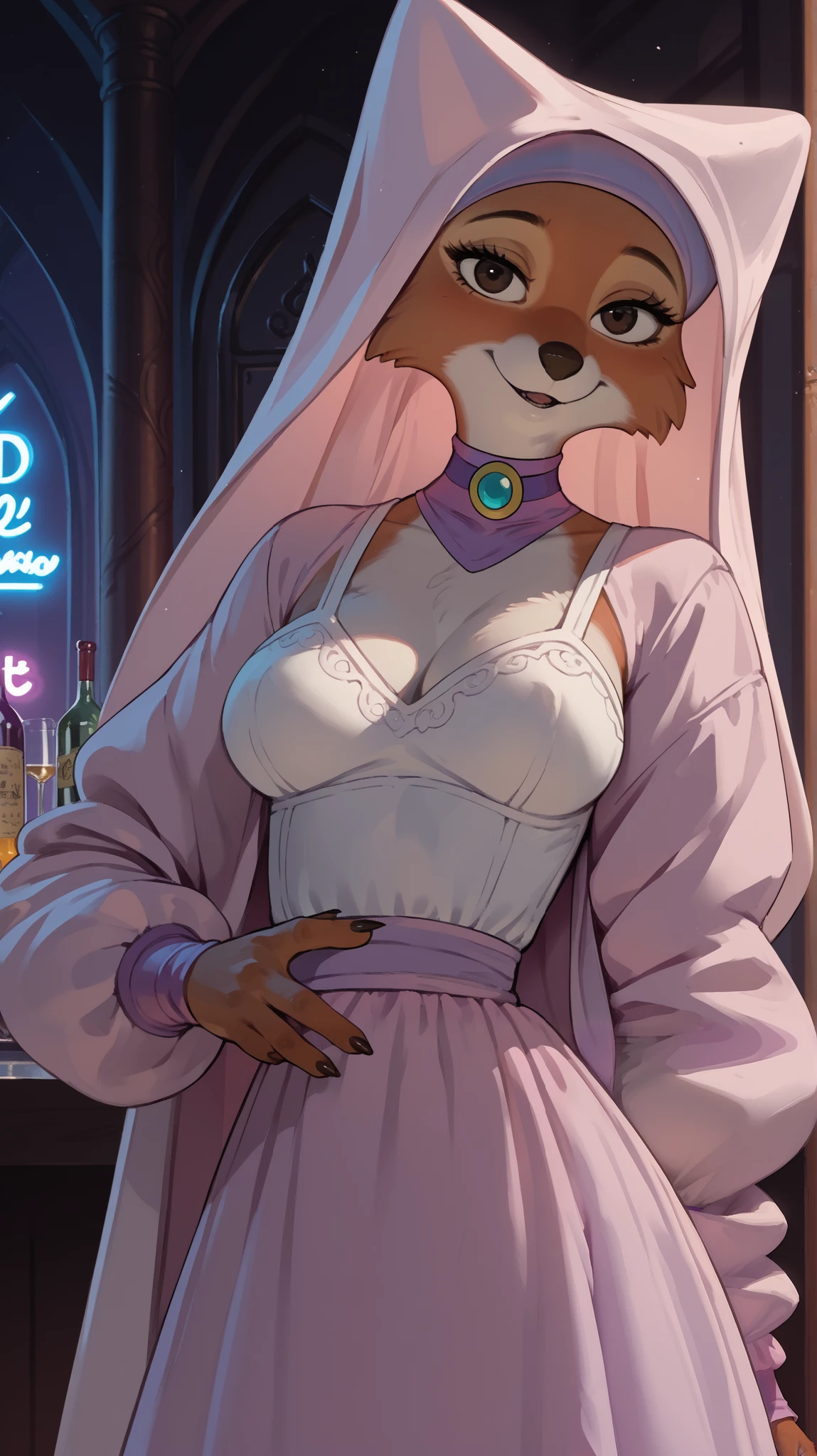 Alone , feminine, maid marian:1.5, soft coat, slim body, source: anime, better quality, seductive expression, nightclub environment, anthropo, Big breasts:1, grandes caderas:1