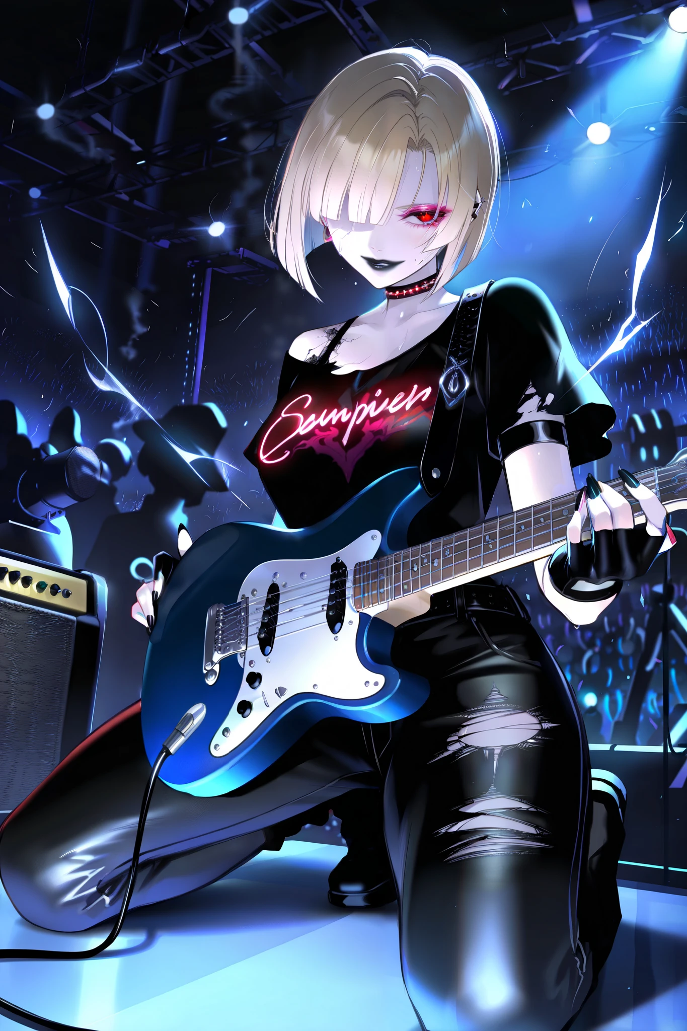 masterpiece, best quality, amazing quality, newest, very aesthetic, 1girl,A blonde girl with choppy bangs covering one eye, her makeup smudged—hot pink eyeshadow and cracked black lipstick. She wears a ripped band tee and fingerless gloves, kneeling on a concert stage with one hand gripping a neon-blue guitar. Sweat drips down her neck under pulsing violet lights. The crowd is a blur of silhouettes, smoke machines choking the air. Her red eyes glow as guitar strings spark with electricity, the amplifier feedback screeching like a demon.