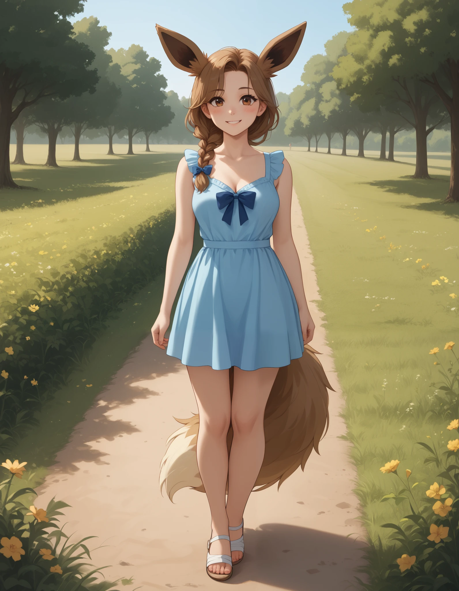 (Masterpiece) (High Detail) (High Res) A full body shot of A very short, cute and petite Human female with pale human skin and brown eyes and long brown braided hair and fluffy brown pointed Eevee ears and a long fluffy brown Eevee tail with a light tip and medium breasts. She looks shy and is blushing and smiling shly. Human with Animal Ears. She is wearing a low cut blue summer dress which shows cleavage with bow behind. She is stood in a field. Countryside. Trees. Crops. Fields. Sunny day. Cinematic Lighting.