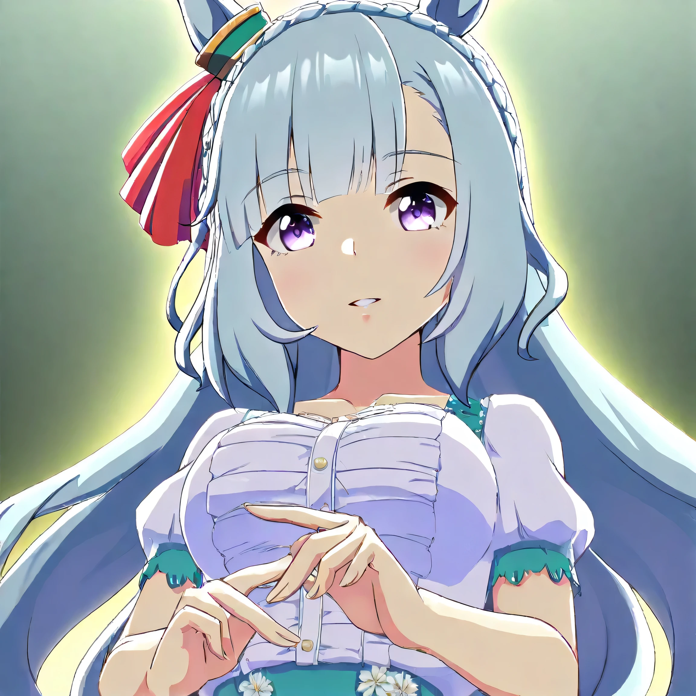 best quality, absurdres, masterpiece, anime, cel anime
Mejiro Aldan \(Uma Musume\),
1人の女の子, ソロ, Horse ear, Light blue long hair, Clothes with white ruffles, Light blue floral skirt, Black tights, Medium breasts, Gentle smile, Long limbs, thin fingers, upper body,