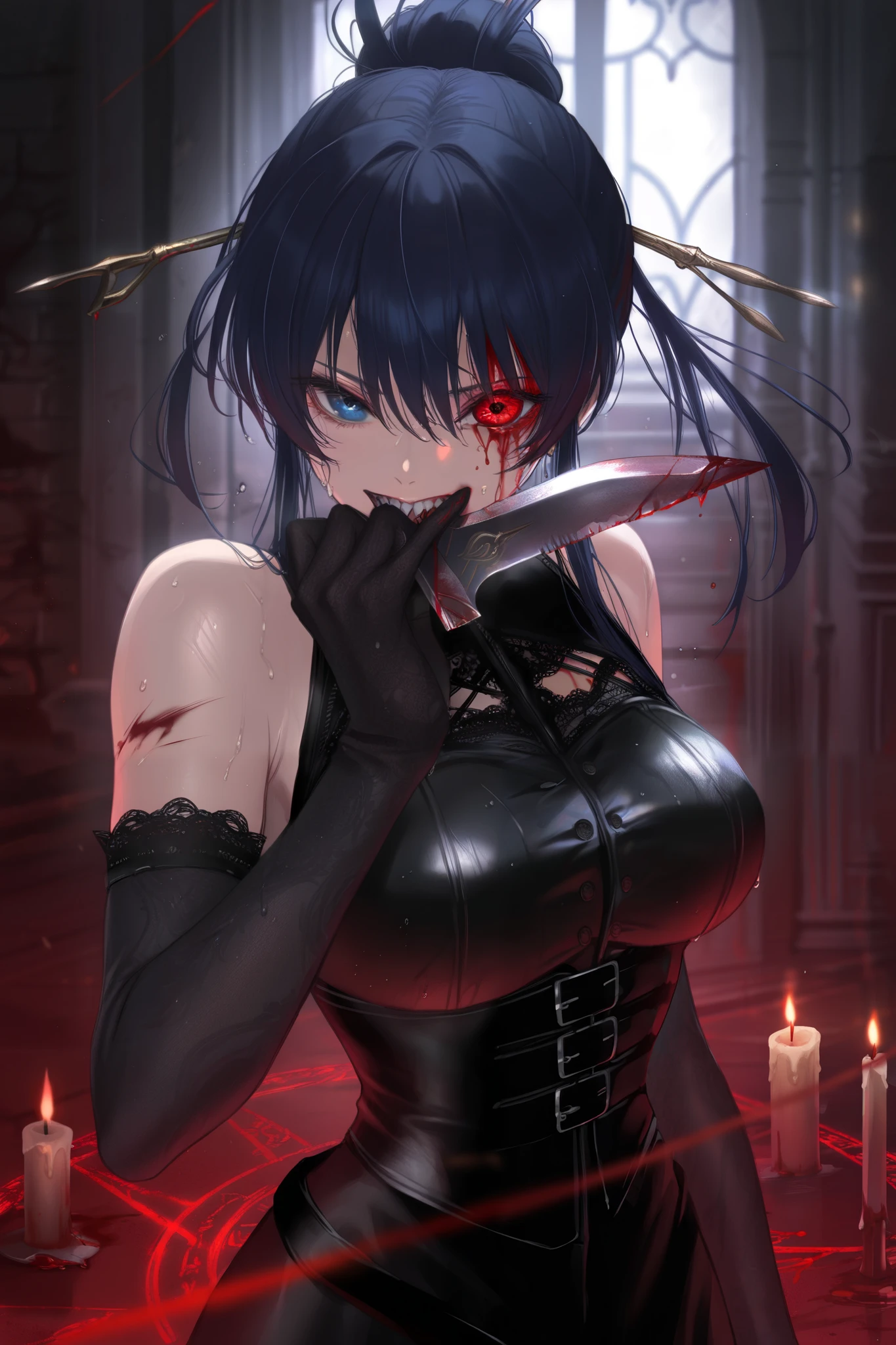 masterpiece, best quality, amazing quality, newest, very aesthetic, 1girl,Candles gutter as she drags the ceremonial knife across her palm, blood sizzling into the rune circle. Dark blue hair sticks to her sweaty neck, the black corset laced tight enough to bruise ribs. “Rise,” she commands, voice echoing unnaturally. The at the circle’s center twitches. One of her violet contacts has slipped, revealing a bloodshot eye. The vintage lace gloves are ruined now, soaked red. Shadows congeal into something with too many teeth. She grins, wiping her mouth with the back of her hand