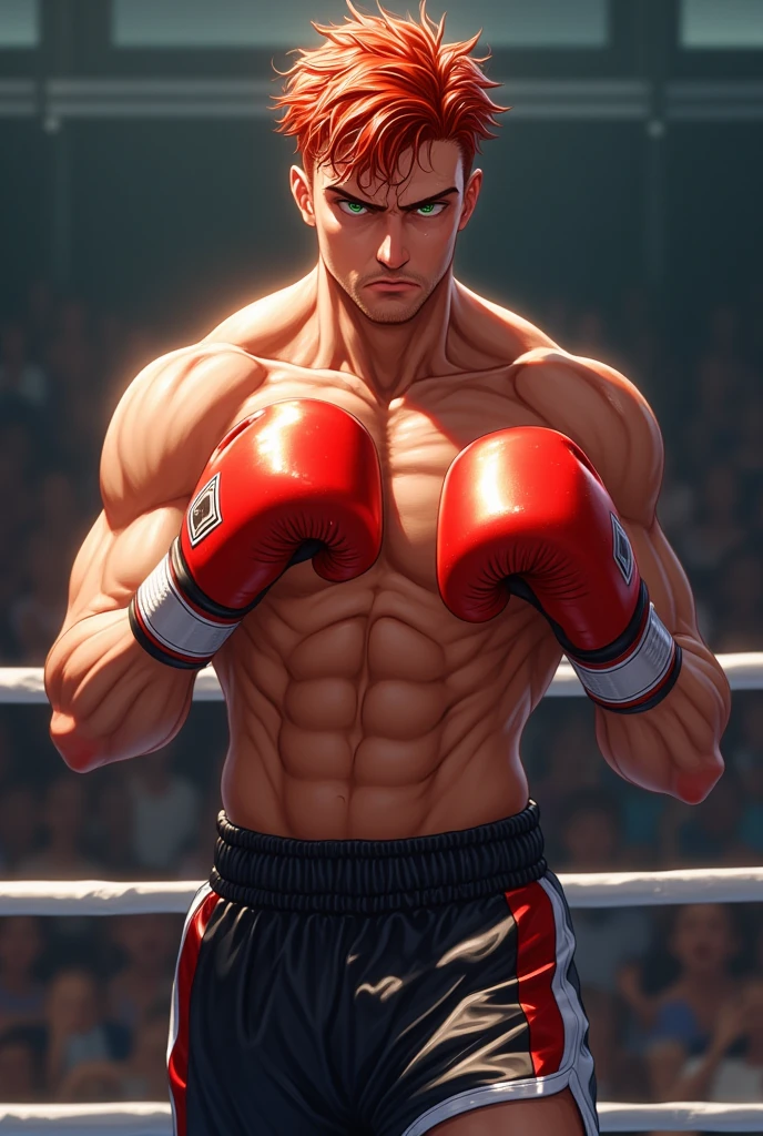 White male, 18 years old, very handsome, angelic, brown hair, bare buttocks, very handsome, fine facial features, boxing in a ring, with red gloves, sideways, scared face
