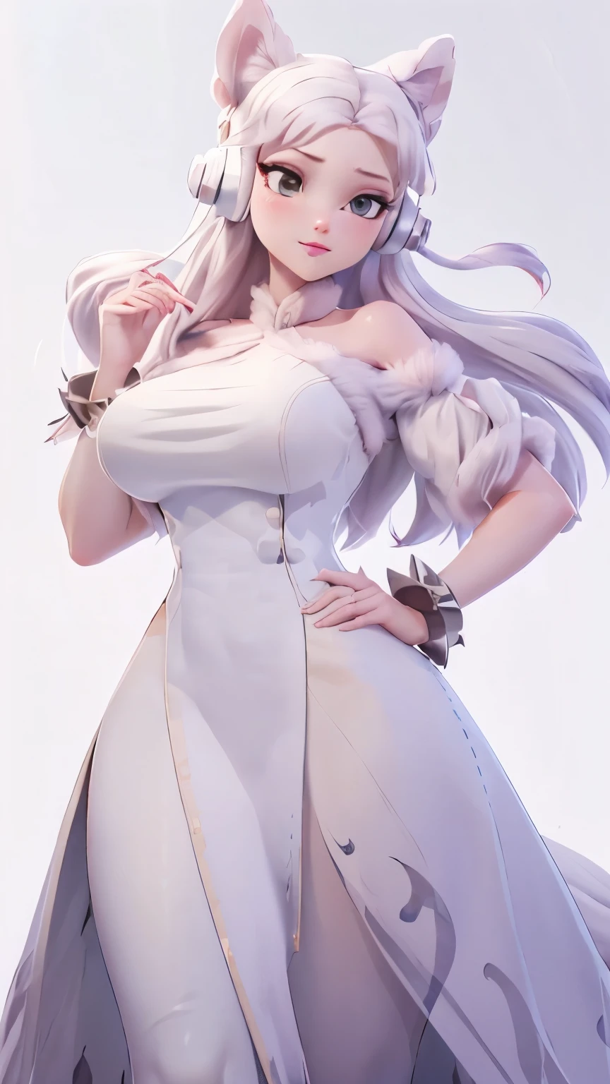 (1 girl, Alone, Masterpiece, 4k, Best Quality:1.2, (cowboy shot), Best Quality:1.2, good hands, showy, (perfect hands, perfect anatomy)),
utaop, headphones,blush, White dress, fur over one, red and white hair, multicolor fur, High average,
((medium breasts, big hips, looking at the viewer)),
((simple background, White background)),