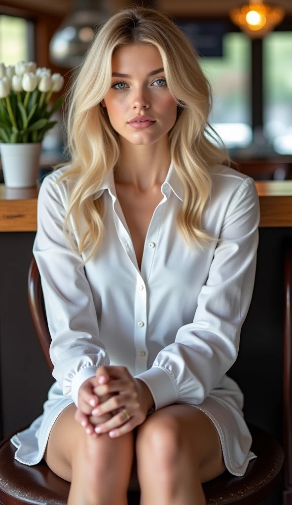 (standing portrait:1.2) of (zxzx:1) at cafe hard rim lighting photograpy, boke, 4k, 500px, ultra realistic, magazine cover, intense light blonde hairintense light blonde