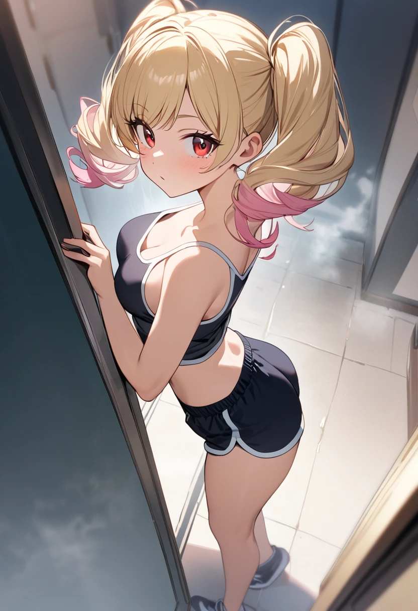 hight resolution、masterpiece、1girl in、A slender、skinny thigh、smirk grin、Chisato、from the rear、Short hair、blondehair、Hair Ribbon、 bob cuts、Bright pink