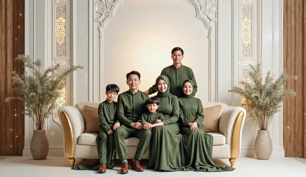 Studio photography, nearby, Indonesia, 7 members, father aged 50, slightly overweight mother with hair in a bun aged 50, sitting in a relaxed chair, standing behind them is a 28-y-o man with short hair, three women wearing long hijab shawls aged 25 and a woman with straight hair aged 30, all wearing dark green formal suits for men and dark green gamis dresses for women, in a studio with luxurious grey gold patterned walls, flower vases, side tables, aesthetic decorations, fresh colors and saturation, photography, good lighting, 8k, UHD.