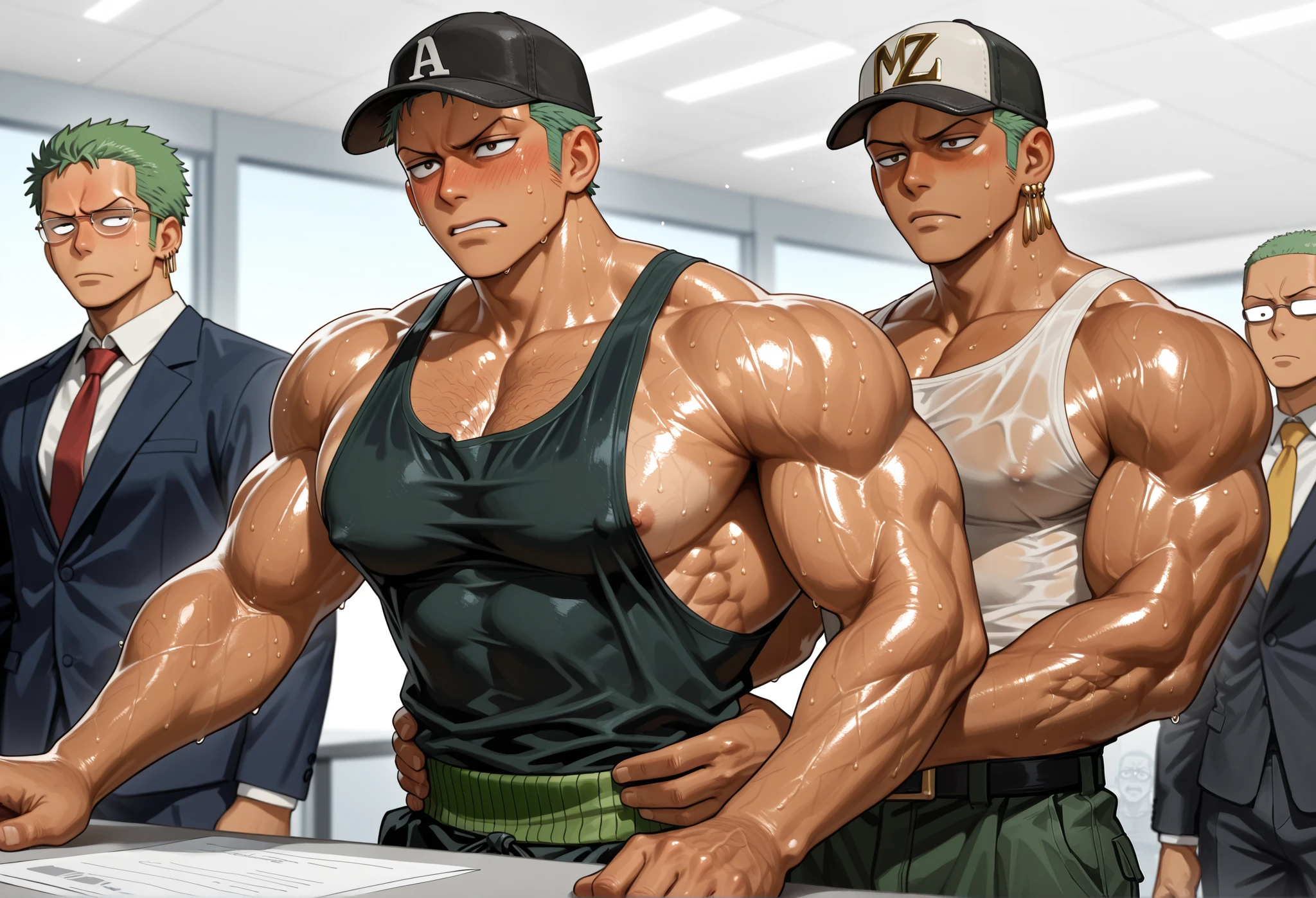 Roronoa Zoro, tanned skin, buzz cut, baseball cap backwards, tanktop, cargo pants, muscular, muscles, big biceps, broad shoulders, massive pecs, sweaty, hairy chest, blank expression, vacant stare, hypnotized, brainwashed, focused, High Resolution, a young businessman , large pectoral muscles , wearing glasses , boss ((massages chest muscles with both hands (through clothes) from behind)) , close contact , embarrassed and blushing , (sexual harassment) , business suits , lean back , small nipples , in office , NSFW , frustrating , distant viewpoint , Masterpiece , best quality , very aesthetic , ultra-high resolution