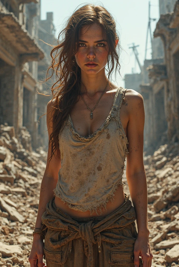Foto hiperrealista en primer plano de 20 years old Alicia Vikander, masterpiece, best quality, (photorealistic:1.4), full body, she is dirty, dirty crop top with long sleeve, dirty pants, dirty clothes with stains, Depict a rural landscape in the rugged style of the game's concept art. This work should evoke a sense of abandonment and despair in a futuristic, post-apocalyptic world. Notice the intricacies of detail, the sharp focus, grey sky, cinematic light, beautiful woman, skinny, medium breasts, straight dark blond  hair, detailed face, photo taken from a distance