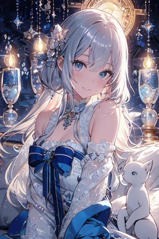 NSFW,cross one's legs,(Best Quality,4K,8K,hight resolution,masutepiece:1.2),Ultra-detailed,Beautiful Girl,Enchanted,Enchanting,cheerfulness,divine,magical effect,silver white hair,e Blue Eyes,pale pink wedding dresses,Bride's crown,small amount of sky blue cloth,Sophisticated clothing,detailed lace,Delicate frills,Bedroom,solo person,during night,lacepantyhose,sacred stripes,Transparent costume,jewel decorations