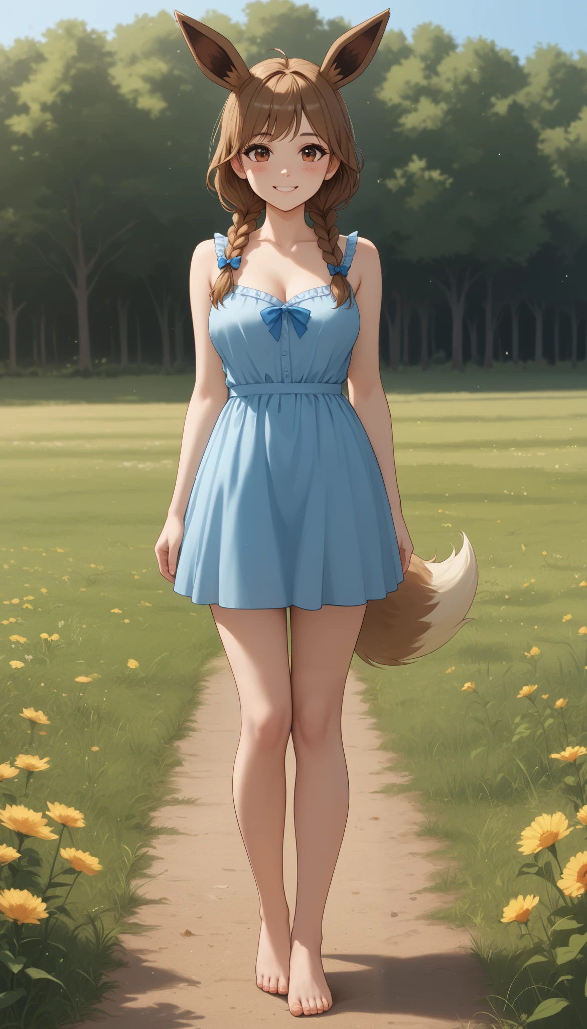 (Masterpiece) (High Detail) (High Res) A full body shot of A very short, cute and petite Human female with pale human skin and brown eyes and long brown braided hair and fluffy brown pointed Eevee ears and a long fluffy brown Eevee tail with a light tip and medium breasts. She looks shy and is blushing and smiling shly. Human with Animal Ears. She is wearing a low cut blue summer dress which shows cleavage with bow behind. She is stood in a field. Countryside. Trees. Crops. Fields. Sunny day. Cinematic Lighting. Bare feet.