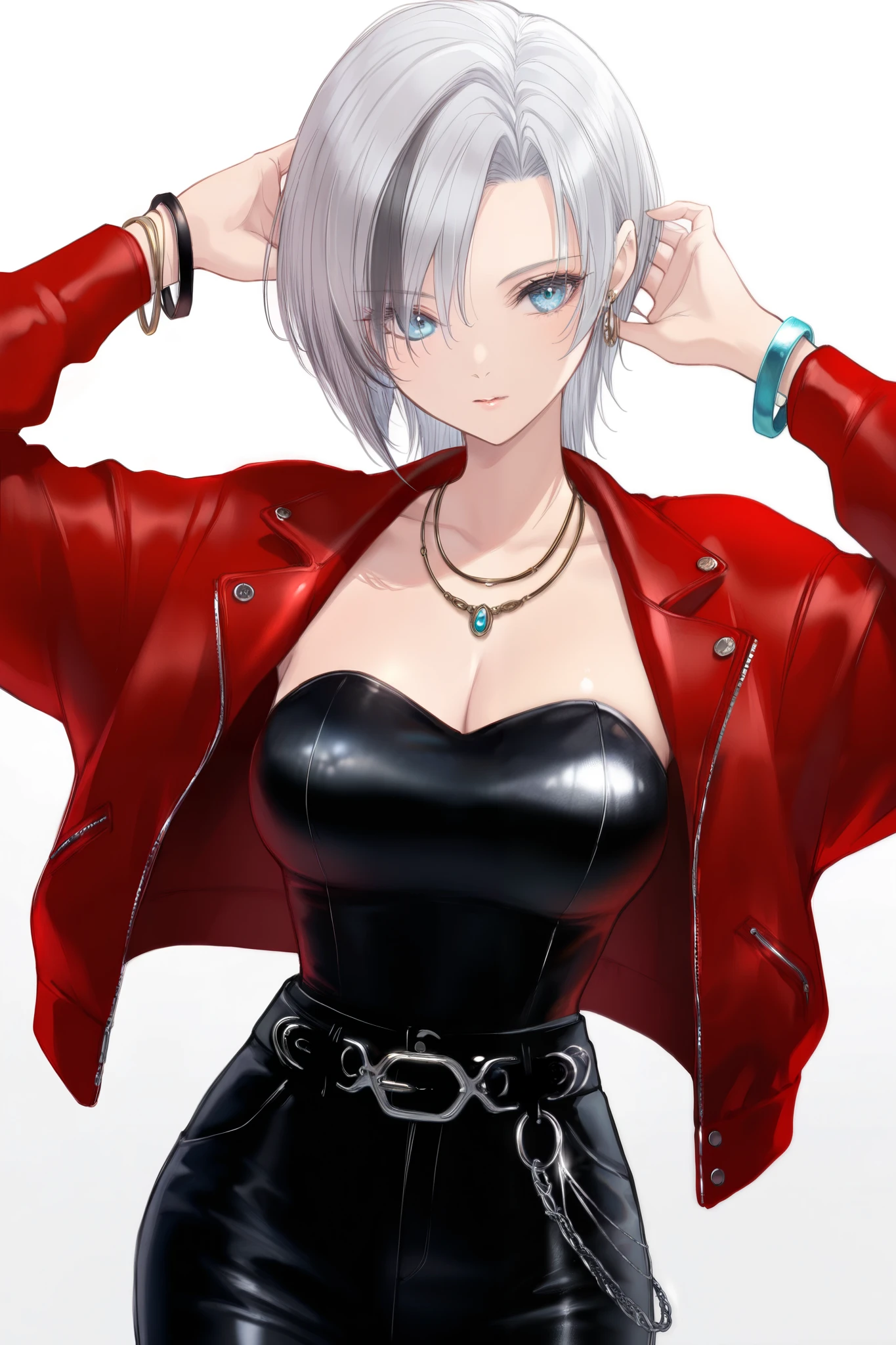 masterpiece, best quality, amazing quality, newest, very aesthetic, 1girl,Image is a digital illustration featuring an character. The character has light gray hair styled in a short, layered cut, and striking blue eyes. She is wearing a shiny red jacket with a glossy finish, which is open to reveal a black strapless top. The top is paired with high-waisted black pants that have metallic accents. The character is accessorized with a necklace and bracelets, adding a touch of elegance. Her pose is dynamic, with her hands raised to her head, suggesting a sense of confidence and style. The background is plain white, emphasizing the character's vibrant attire and features.