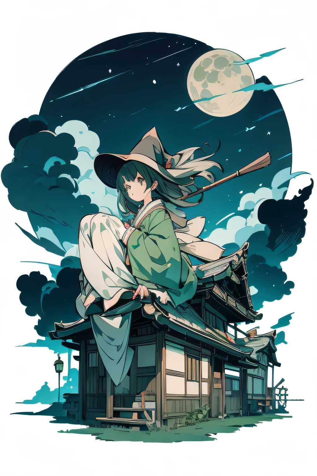 Translucent Illustration 、 Japanese anime style illustration 、 Small Shadows Seen in the Distance 、 Shadow of a Little Witch Straddling a Broom Can Be Seen in the Distance 、green、 Dynamic Angle 、 is amazing、 Highest precision、 top quality 、 fantasy、Effective Production 、 Full Moon Seen in the Distance 、 Seaside Town Sky at Night 、 Horizontal Line、movie、 artistic、delicate、sentimental、 highlights 、 Contrast