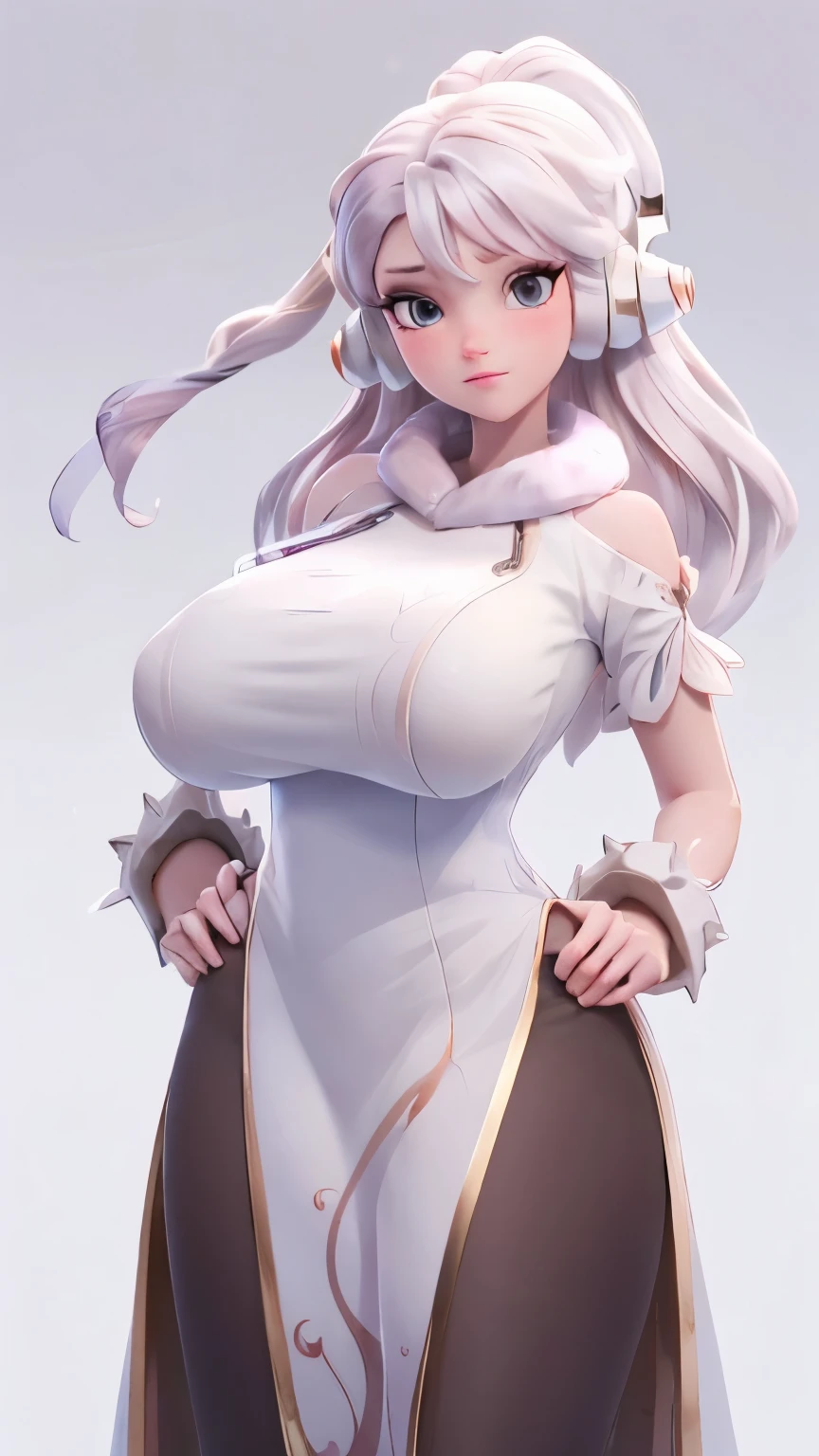 (1 girl, Alone, Masterpiece, 4k, Best Quality:1.2, (cowboy shot), Best Quality:1.2, good hands, showy, (perfect hands, perfect anatomy)),
utaop, headphones,blush, White dress, fur over one, red and white hair, multicolor fur, High average,
((medium breasts, big hips, looking at the viewer)),
((simple background, White background)),