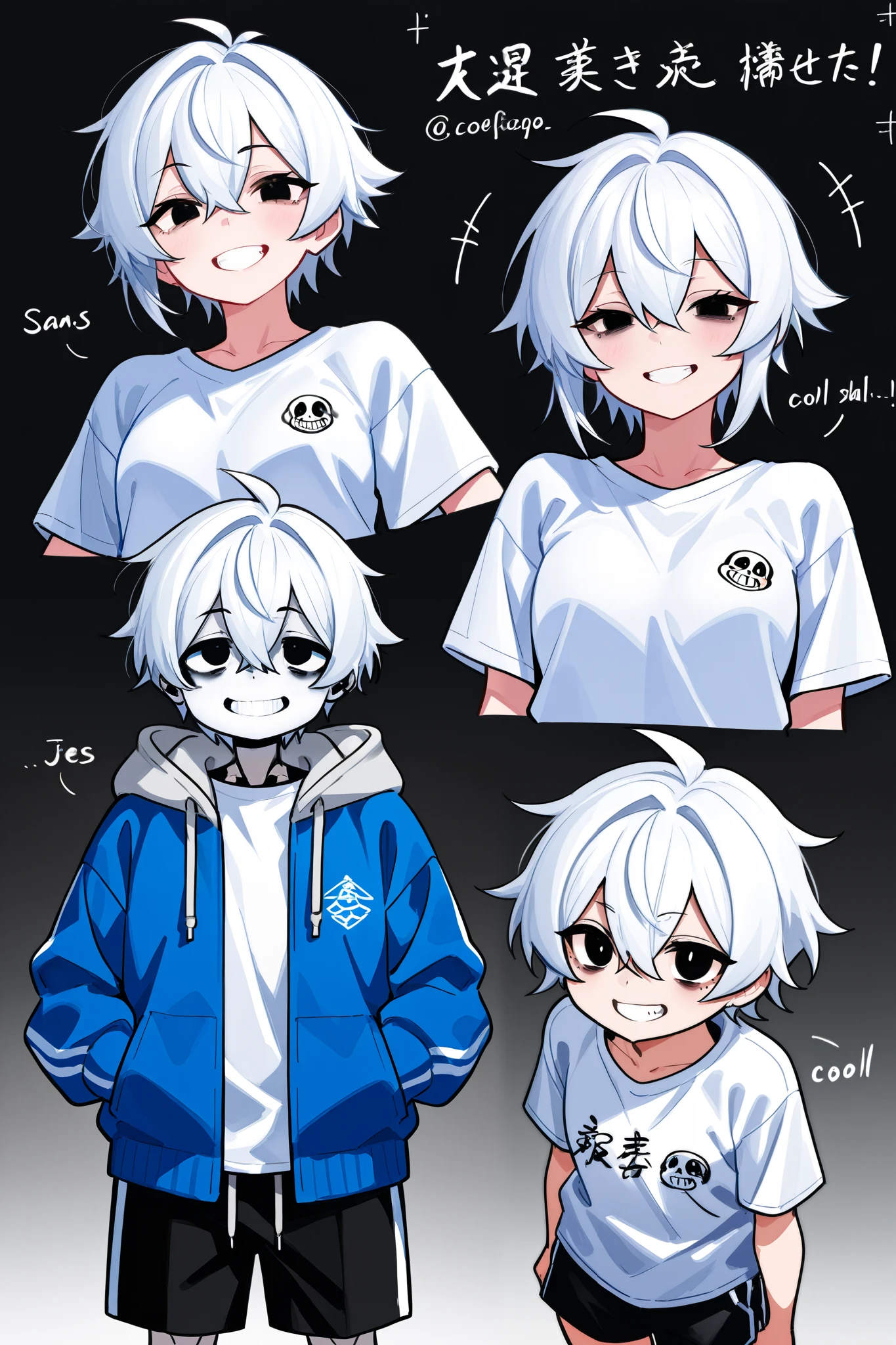 sans、 Personalization、Humanization、Dark circles under the eyes、Grin、cool、cool構図、is tall、tall、Tall、Tall 、tall to the eye、white hair、blue hoodie、white t-shirt、shorts with a black white pattern、