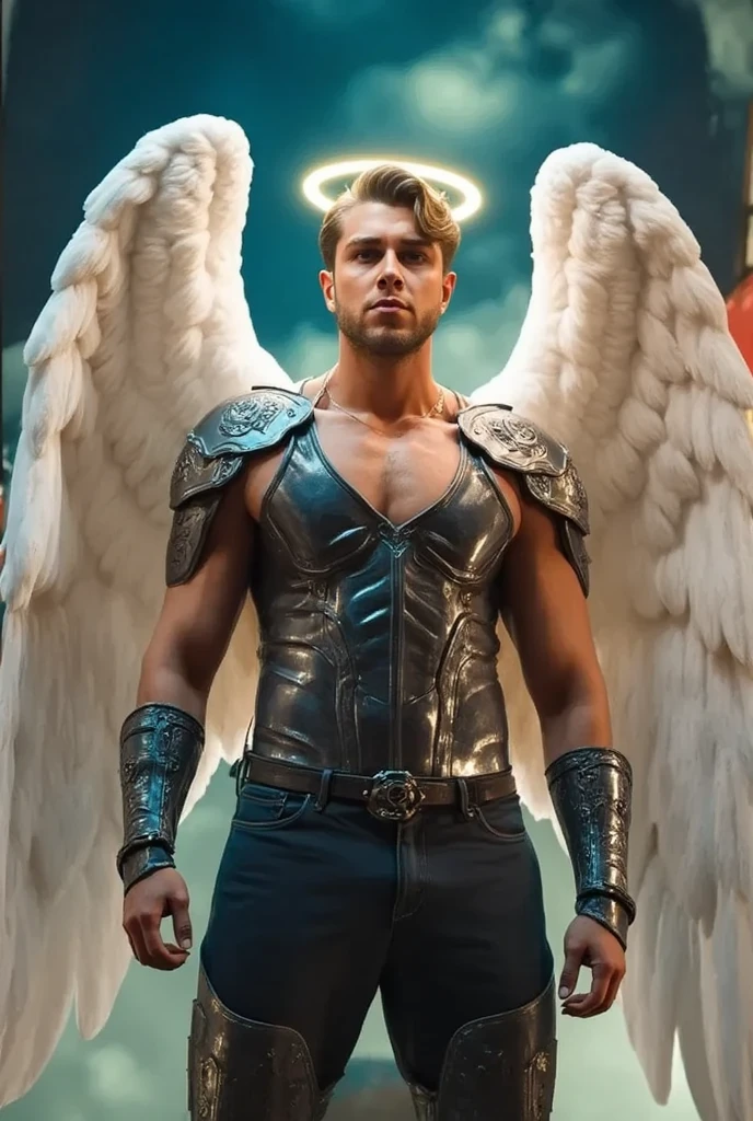 Photo of a man wearing cupid costume, (pink hair), wings, flying, halo, (pink toga robe), armor, (surrounded by clouds), ethereal, (seductive smile:0.6), jewelry, heart, harness, realistic, masterpiece, intricate details, detailed background, depth of field