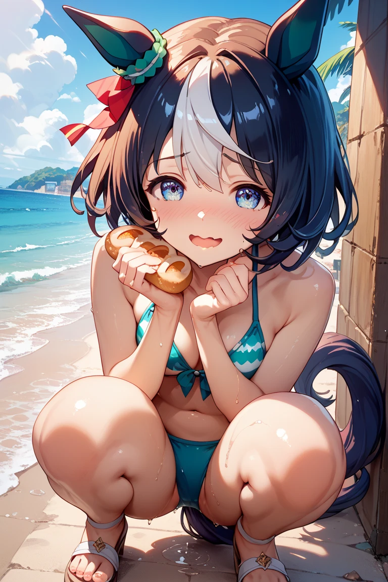 (realistic, photo realistic:1.2), ((highest quality)), move the center of gravity backwards, pretty embarrassing, hokko tarumae \(umamusume\), Purple eyes, barefoot, White bikini, (Red frill:1.2), horse taill, (squat:1.4), put the heel on the ground, spread legs, squat with your knees up, Attach your ass to the ground, beautiful face details, real human skin, gentle expression, realistic, photorealistic, cute, squat deep on beach, whole body, Smile, natural smile, charming smile, enchanting smile, (looking at the viewer:1.2), From before, from below, (wind:1.1)