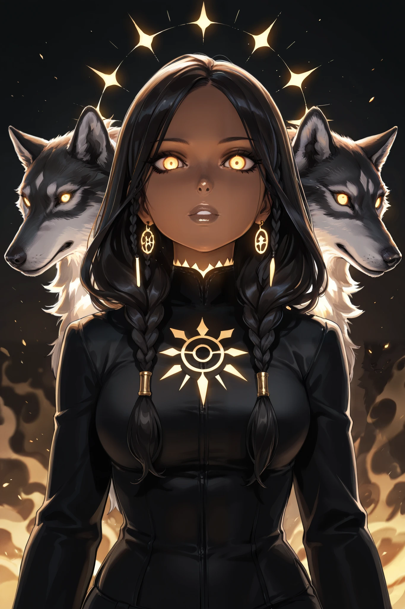 masterpiece, best quality, amazing quality, newest, very aesthetic, 1girl,Image is a digital illustration featuring a central female figure surrounded by four wolves. The style is dark and mystical, with a focus on contrast and glowing elements. The woman has dark skin and striking yellow eyes that match the glowing patterns on her skin and the wolves' eyes. Her hair is styled in intricate braids. She wears a form-fitting, dark outfit with geometric, glowing designs. The wolves, with black fur and glowing eyes, are positioned around her, creating a protective and enigmatic atmosphere. The background is dark, enhancing the luminous elements.