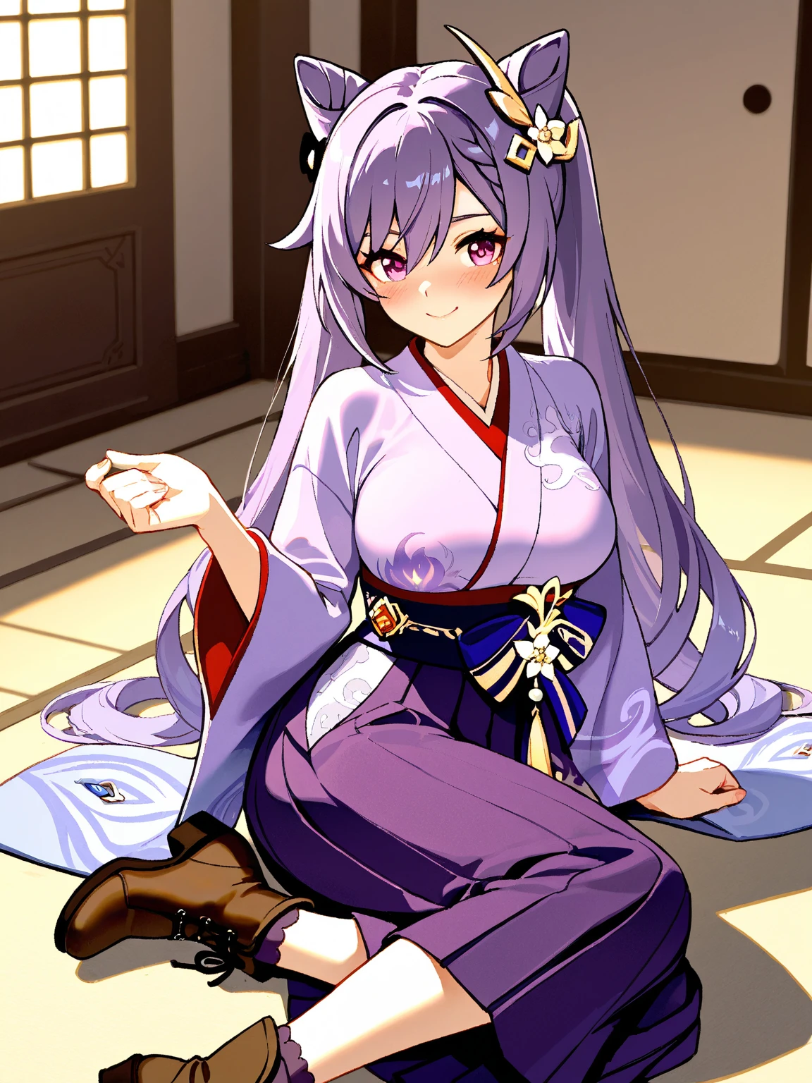 ((The best image quality、the best、1 person、Drawing in detail))、
Silver Hair、Voluminous Hair、Hair sticking out from the top of the head、hair is short and bunched back、Upside-down back hair、Japanese hair ornaments、Mix silver and purple hair:1.3、Mix one purple hair into the bangs、Messy Hair、Scattered hair ends、Pointed tips、Pointy back hair、Many back hair、
Large Breasts、Depiction of the human body、Low Length、
Purple Eyes、Big eyes、Round eyes、
Spread your legs、male、shortage々Shii、smug face、
(White and purple Japanese pattern furisode、hakama、Black belt、Wide-leg trousers、Slit wide-leg trousers、Samantha costume)、
(Are standing)、(indoor、Japanese style、tatami)