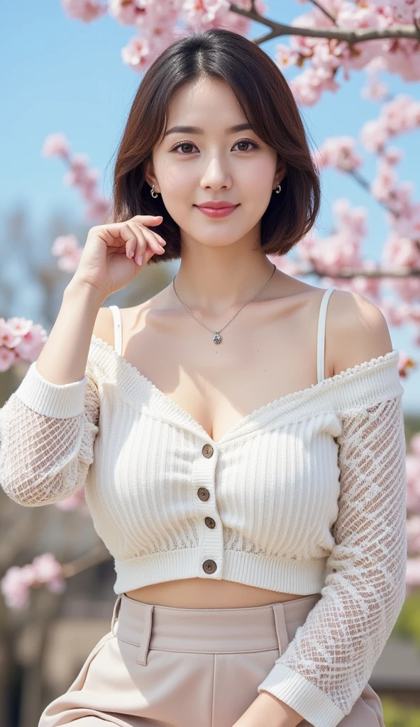 ((highest quality)), ((masterpiece)), (be familiar with), perfect face, (beautiful eyes, color contacts), short hair, brown hair, plump breasts, knit, jeans, (Slouching), (put your hand on your chin), sitting on the bench, ((Cherry blossoms in full bloom in the background)), Photo from diagonally above