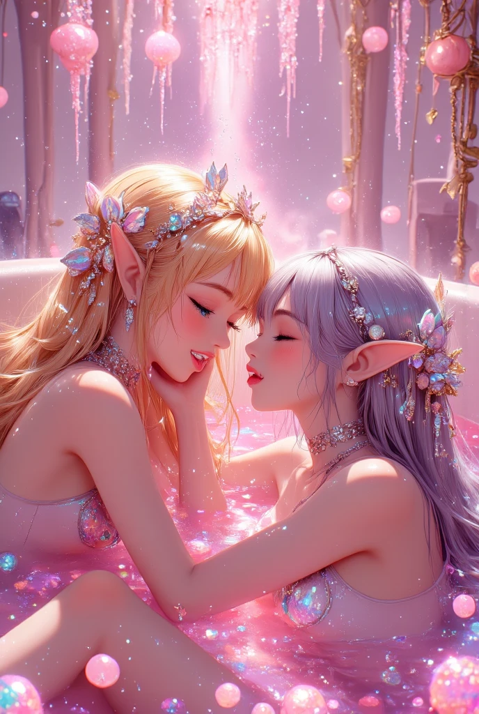 (masterpiece) , (best quality) , (reality: 1.hotorealistic, Octane rendering, (surreal: 1.2) , perfect facial features, translucent dressing gown, fairy facial features, translucent body, translucent hair, water element, elements emerging around, pink hair, pale pink effect, forest, perfect appearance, blush, (hands behind the head, sticking out from the armpits 1.4.) ), Big BreastILF), seelie (genshin impacf, fairy \, (fairy wings), original, extremely detailed wallpaper, highly detailed illustration, (1 Girl), (best lighting), (super-complex detail), 4K unity, (hyper-detail CG: 1.2), (8K: 1.2), in the bathtub,