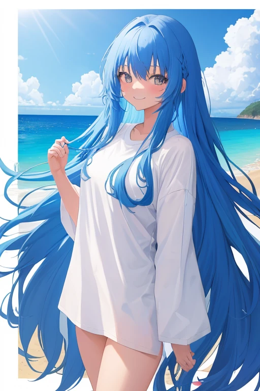 masterpiece, 最high quality, high quality, High resolution, One girl, alone, , Blue Hair, Long Hair, blue eyes, White shirt ,Ocean,Swimsuit, Are standing, , boredom, Depth of written boundary, 