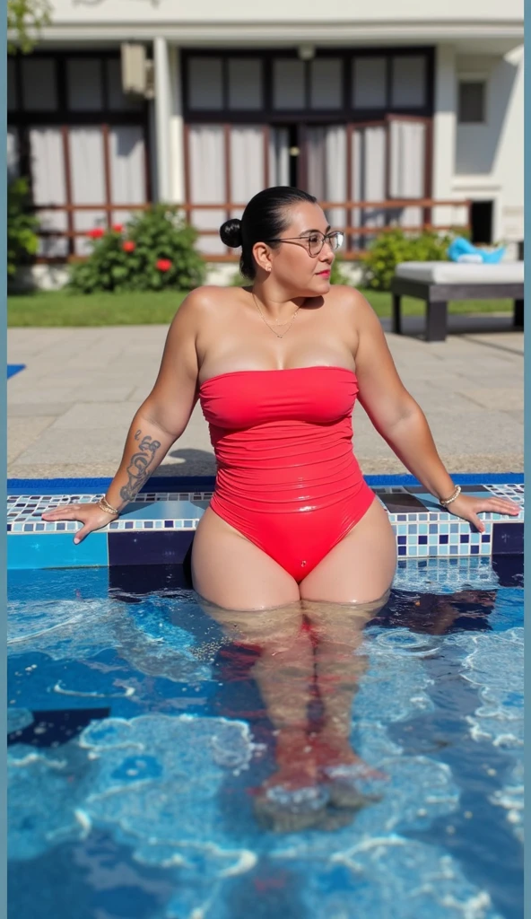 There is a Brazilian woman, slim woman sitting on a tiled wall with a glass of wine, sentado na piscina, agachado ao lado de uma piscina, sit on the edge of swimming pool, Sitting by the Pool, ao lado de uma piscina, sentado em uma piscina reflexiva, sentado em uma piscina reflexiva, terno de corpo vermelho, 4 5 I, in retro swimsuit