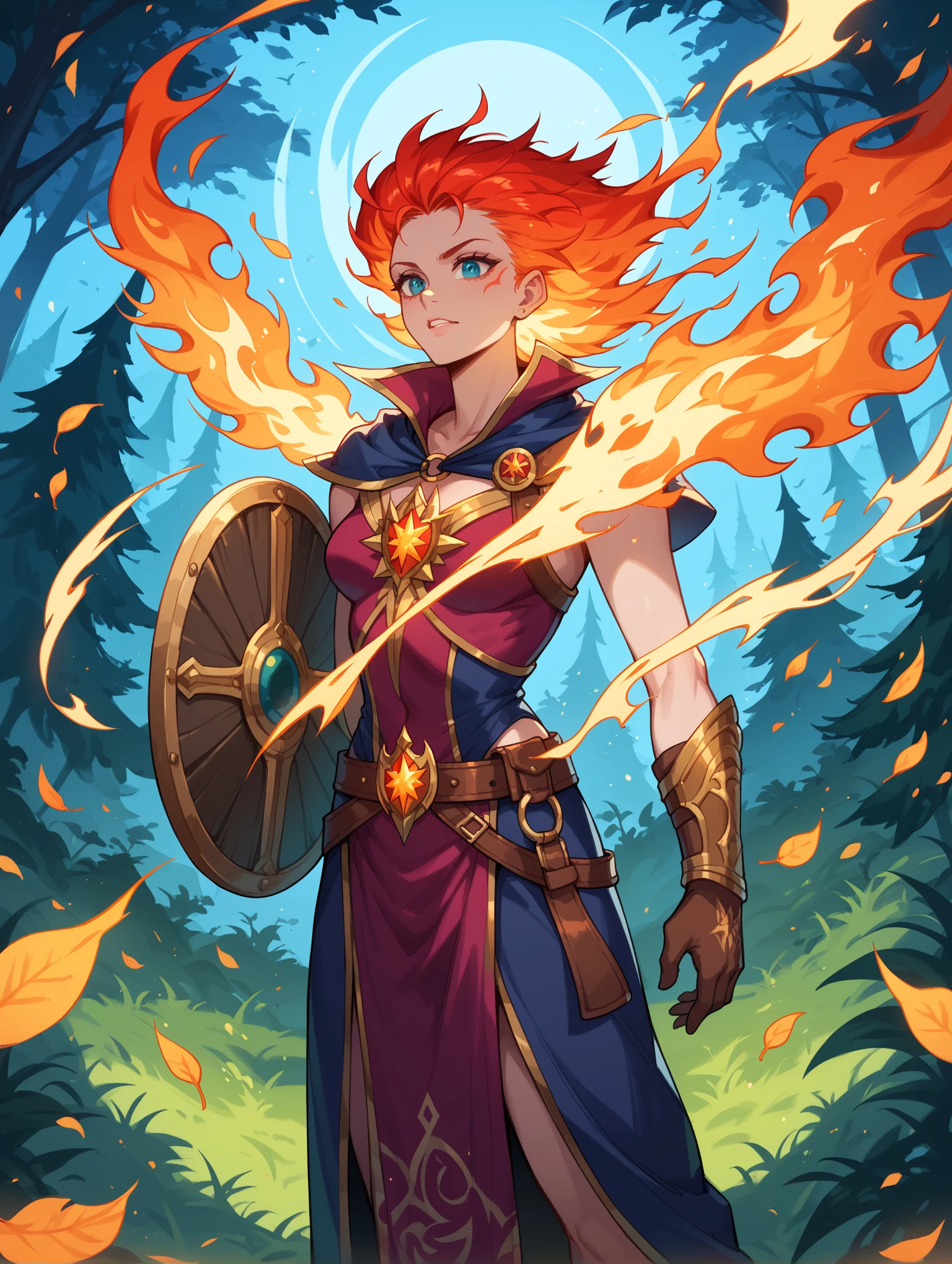 ((masterpiece,best quality)), absurdres, <lora:Fiery_Hair:0.8>, Fiery_Hair, fiery hair, glowing, long hair, large breasts, cleavage, bare shoulders, very long hair, blue fire, blue fire hair, upper body, outdoors, sky, pointy ears, night, floating hair, colored skin, colored sclera, flat color, yellow sclera shiny metal, full body armor, breastplate, fingerless gloves, shoulder armor, gauntlets