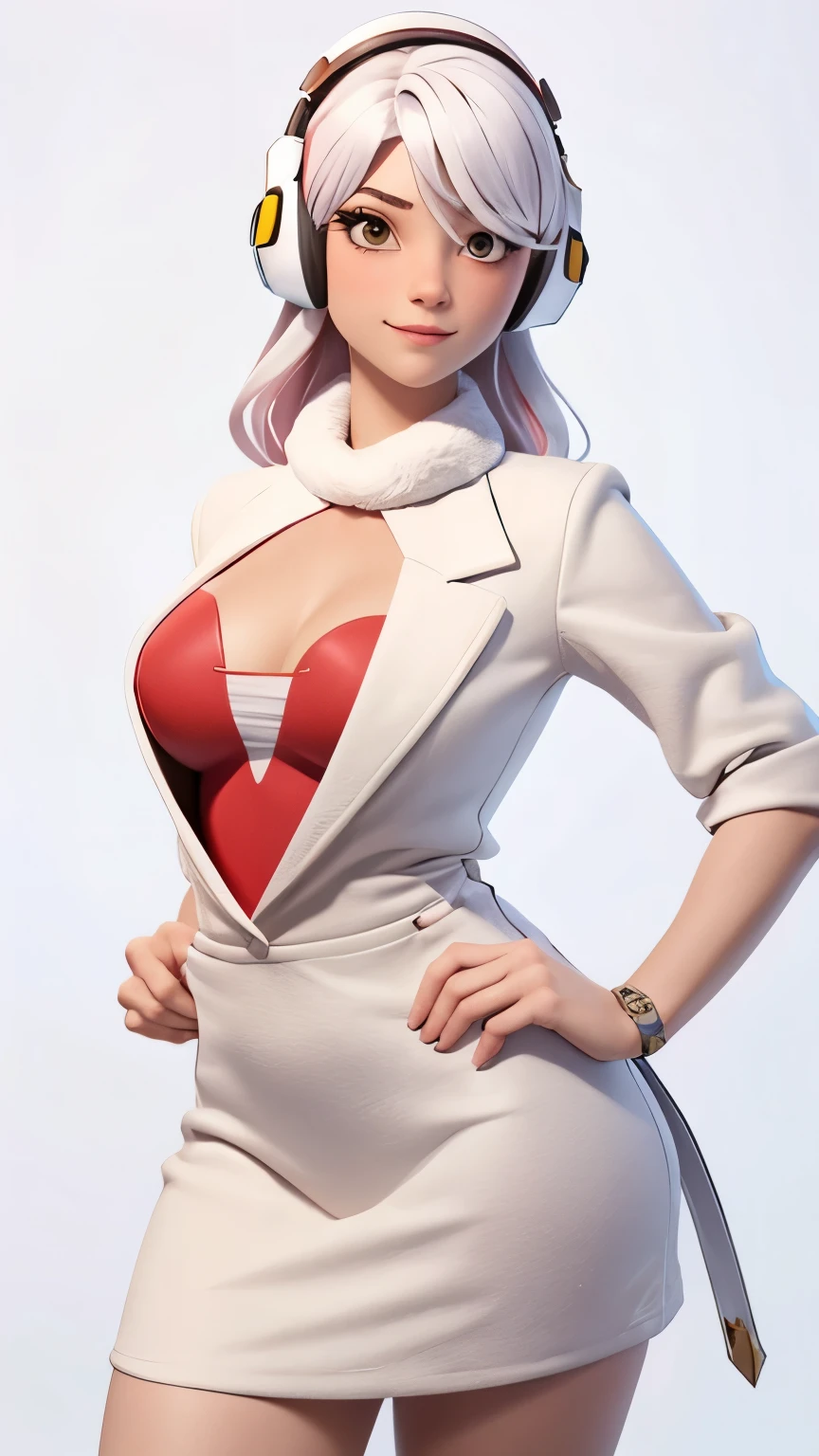 (1 girl, Alone, Masterpiece, 4k, Best Quality:1.2, (cowboy shot), Best Quality:1.2, good hands, showy, (perfect hands, perfect anatomy)),
utaop, headphones,blush, White dress, fur over one, red and white hair, multicolor fur, High average,
((medium breasts, big hips, looking at the viewer)),
((simple background, White background)),