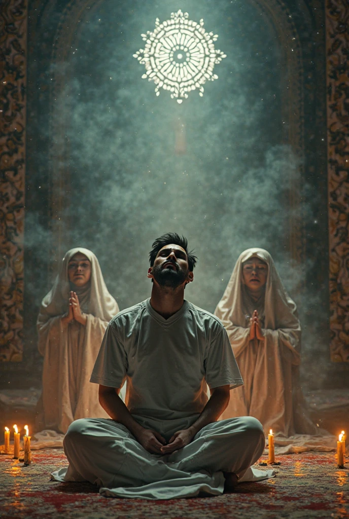 detailded, concentred, professional lighting, man meditating on a beautiful moonlit night, and spirits, figures around him, serene face, Egyptian rolpas 