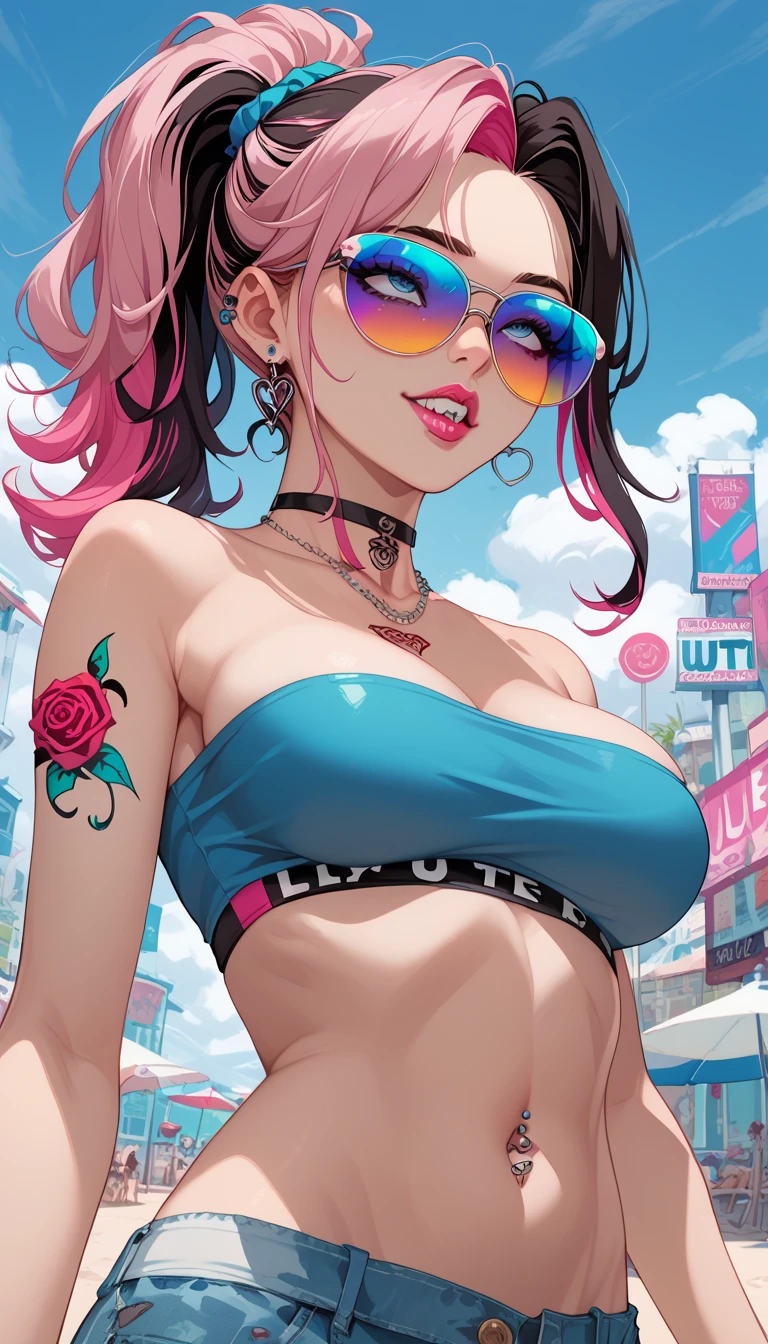 estilo anime, mujer grafitera, grafiti en la pared, desnuda contra la pared, gorra de lado, colores vivos, buena figura, buenas curvas, tatuajes maxima calidad, ultra detallado, 8K, cuerpo entero, cameltoe