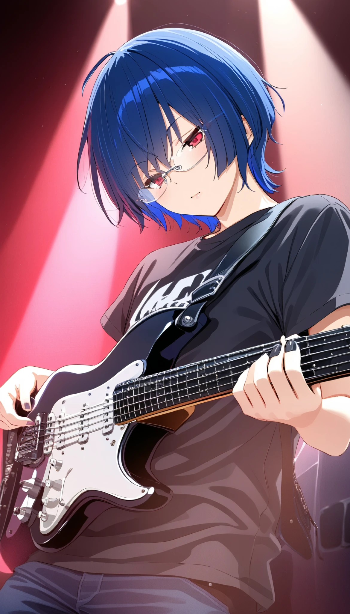 rimless metal frame glasses、punk rock style、Ultramarine Hair、electric guitar、Heavy metaband guitarists
