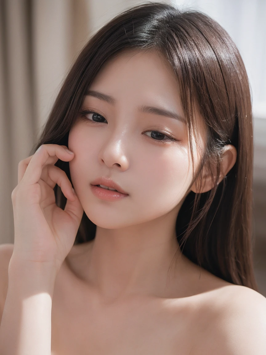 ((Top quality, 8k, Masterpiece: 1.3)), beauty, hidden face, 1 girl, beauty: 1.3, slender abs: 1.1, beautiful clothing, random hairstyle, (sitting on bed), ultra-detailed face, highly detailed lips, detailed eyes, double eyelids, exposed cleavage,