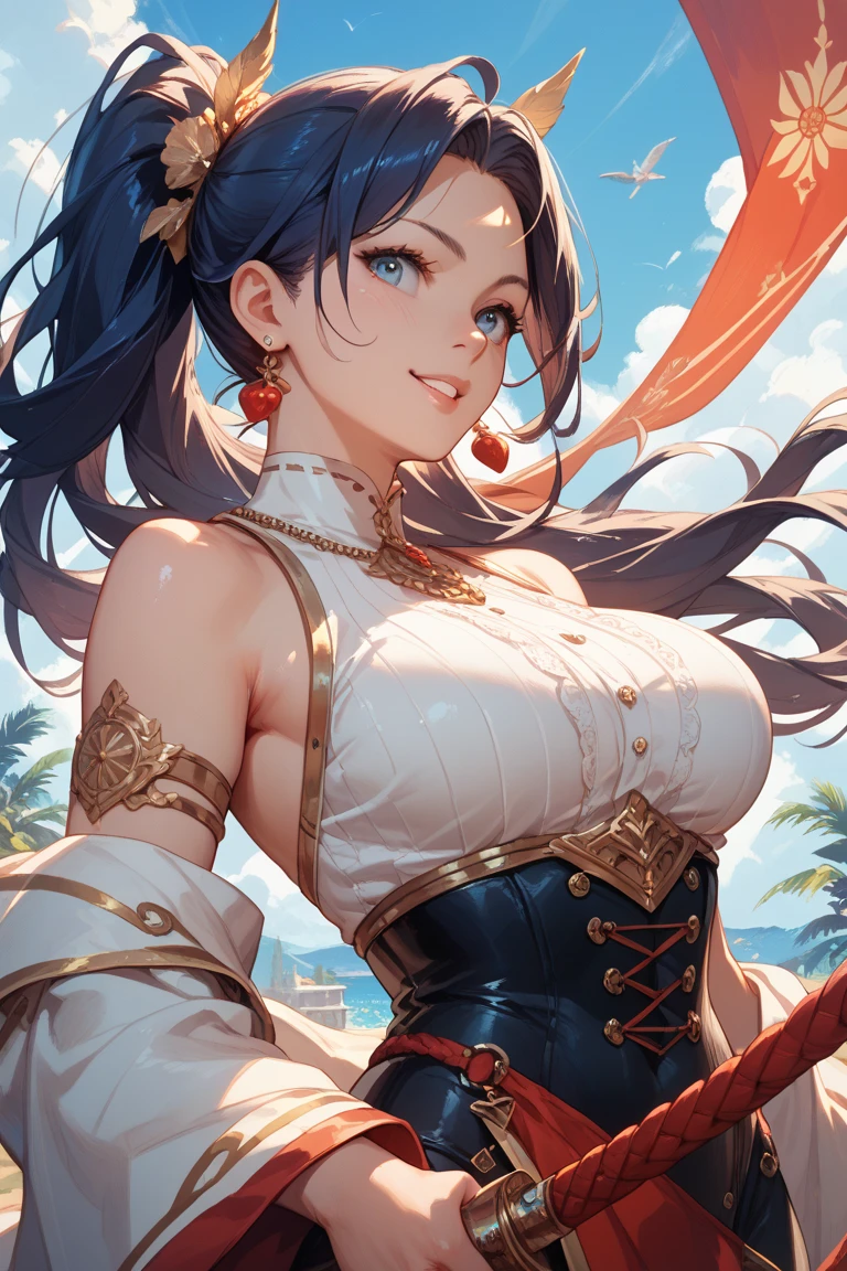 ((masterpiece)),(bestquality),((ultra-detailed)), (beautiful detailed face), depth of field,detailed,((beautiful detailed eyes)), big breast, (wielding a greatsword), beidoudef, eye patch, body 3:4, in a pirate boat.