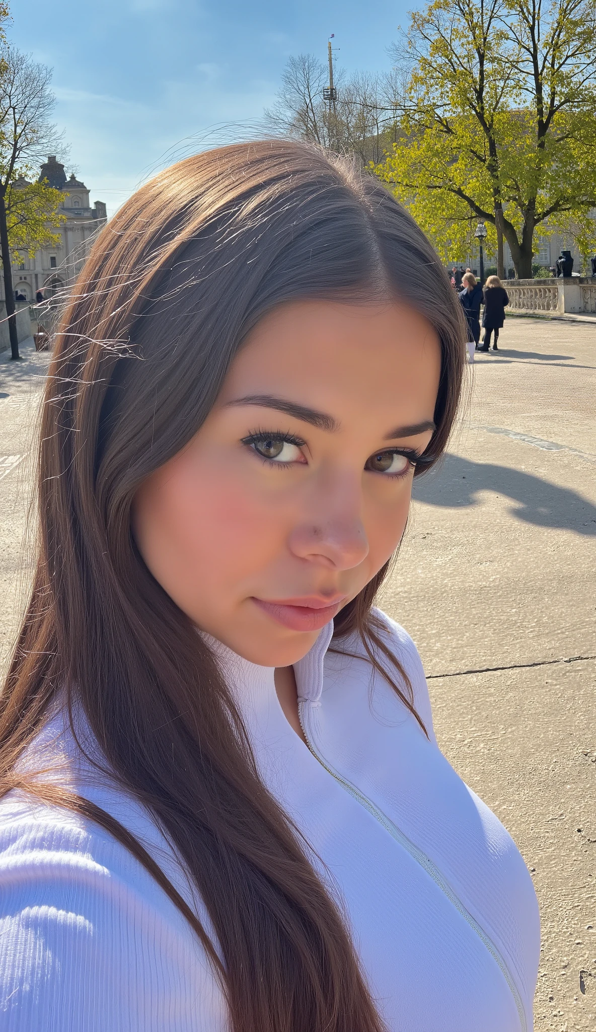 An incredibly attractive woman with a rounded face takes a selfie and with generous shapes, with a radiant skin and a captivating look. with a very large chest and pronounced hips. She is a beautiful brunette with features reminiscent of “Sophie Rain”, her waist is thin and her hips are wide. 20 years old , big breasts and big buttocks, a small white Niketech tracksuit jacket with fluorescent touches on the zip, She is a magnificent brunette with features reminiscent of Monica Bellucci. Patanlon black legging tight long sleeve T-shirt her waist is thin and her hips are wide, she is brown with light eyes, she is located in a square of La Villette in Paris with lions behind Haussmannian buildings , The weather is very sunny spring, Super Smiling, French manicure