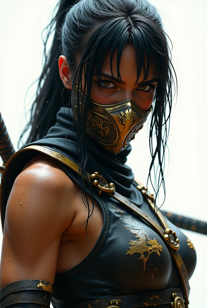 Princess Kitana from Mortal Kombat, yellow and black ninja outfit, (skull mask), kunai on a chain, intricate, high détail, sharp focus, dramatic, photorealistic painting by Greg Rutkowski