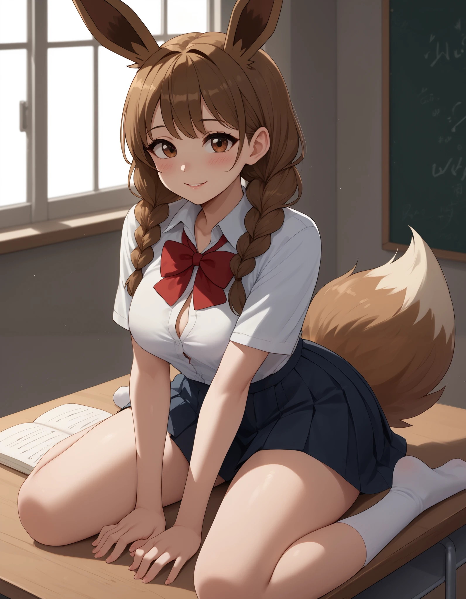 (Masterpiece) (High Detail) (High Res) A very short, cute and petite Human female with pale human skin and brown eyes and long brown braided hair and fluffy brown pointed Eevee ears and a long fluffy brown Eevee tail with a light tip and medium breasts. She looks shy and is blushing and smiling shyly. Human with Animal Ears. She is wearing a school uniform. Button up white blouse which shows cleavage, black pleated skirt and thigh-high white socks. She is sat on a desk at school.