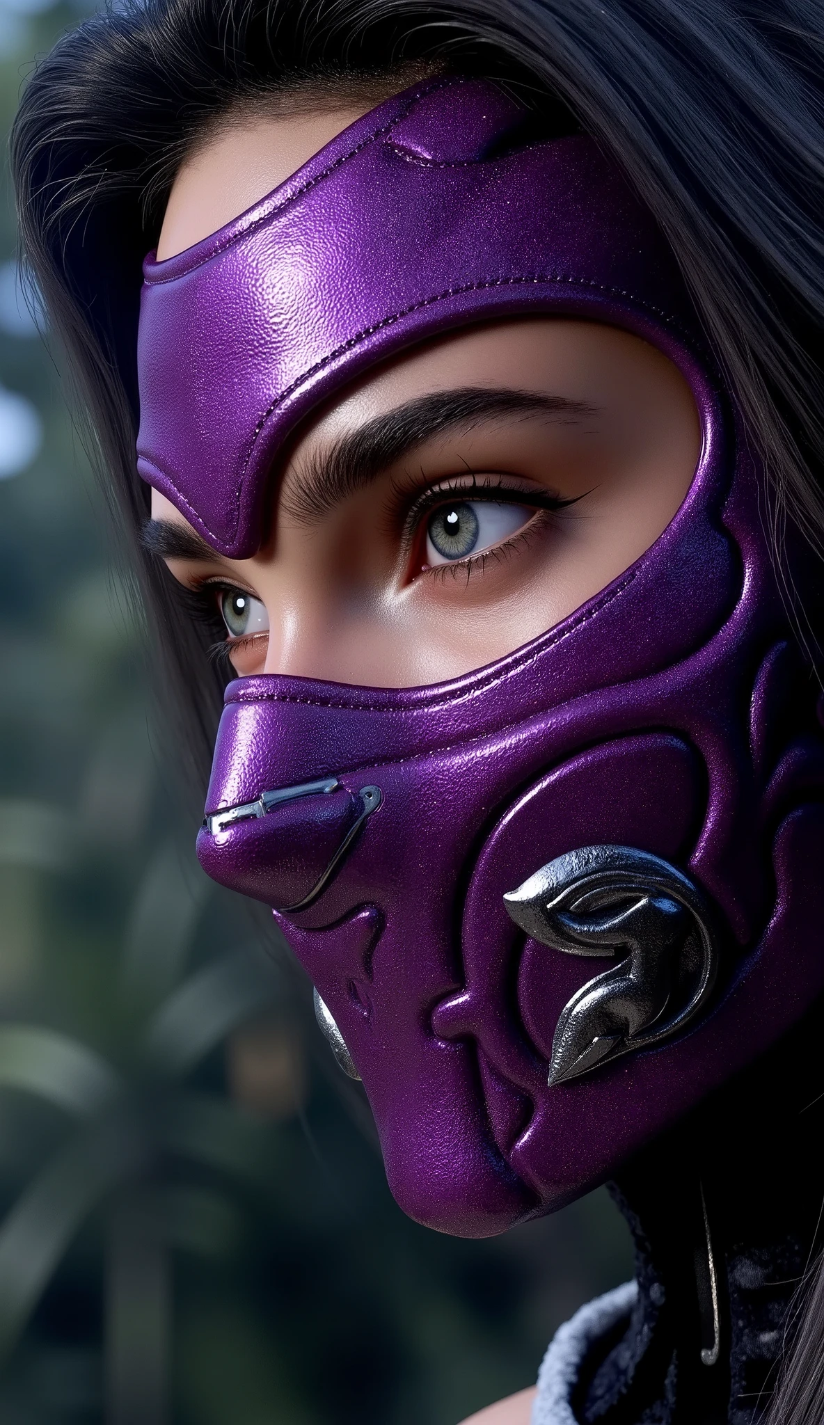 Hyper-realistic photographic style. as mileena mortal komat. Close-up do rosto. Extremely realistic roxo mask and silver details. flawless skin texture. Bottom: dense praia, Greg Rutkowski style . dramatic lighting. 8k. 8k, rendered in Unreal Engine 5 realistic background Ultra-detailed textures, Cinematogr lighting