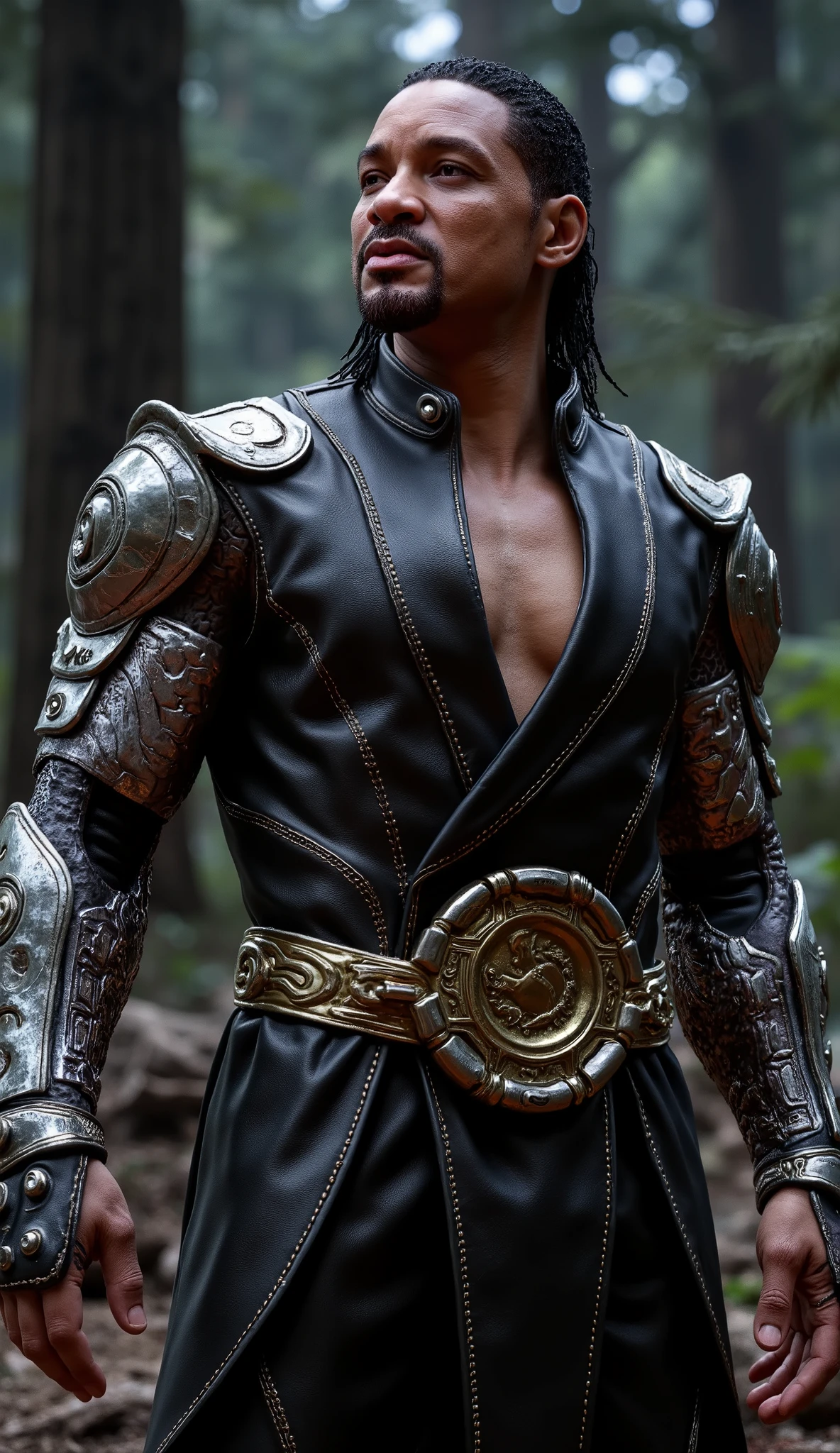 A hyperrealistic image of Jax ( mortal kombat). Its musculature is extremely detailed and realistic 8k, with visible muscle definition under the skin. Its cybernetic arms are made of polished 8k, with an intense glow and realistic reflections. scratches The metal texture must be impeccable 8k, showing details such as 8k, grooves and maybe even minor imperfections. The skin surrounding the metal implants is subtly modified by contact with the 8k metal. The lighting should accentuate the metallic glow of the arms. Dark forest background. 8K, rendered in Octane Render.
