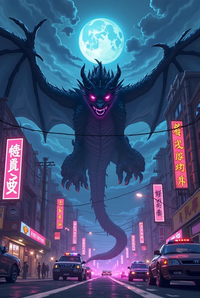 The image is anime style with shadows and dim lights, anime style although somewhat adult and dark, It shows a colossal snake made of shadows, floating over the sky a city, Many red eyes appear on his body. On his head he has four red eyes on each side. and has wings also black like shadows, and irregular.
